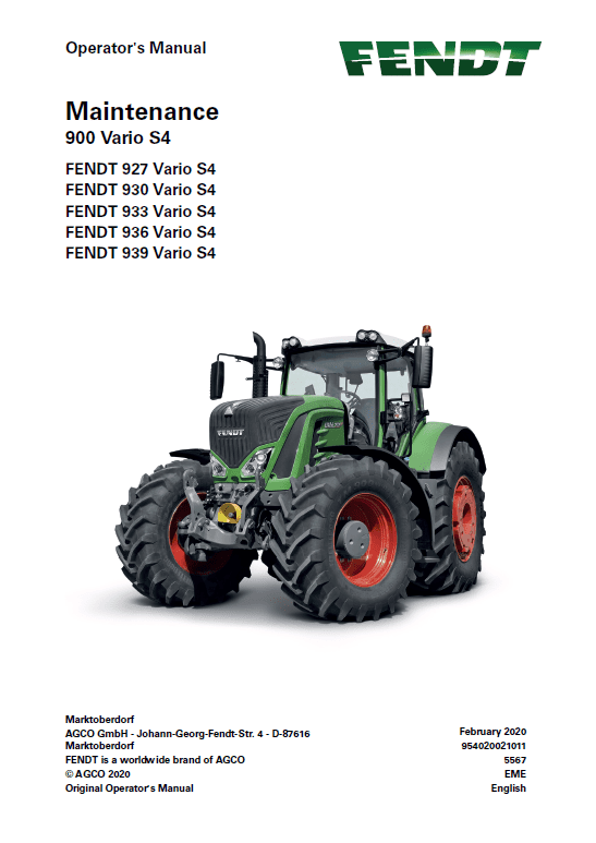 Fendt 927, 930, 933, 936, 939 Vario S4 Tractors Workshop Repair Manual Workshop Guide