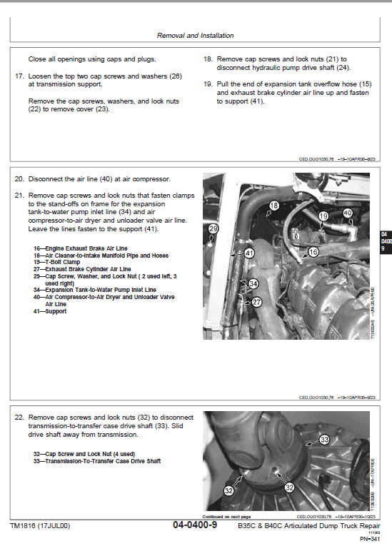 John Deere B35C, B40C Articulated Dump Truck Repair Technical Manual Workshop Guide