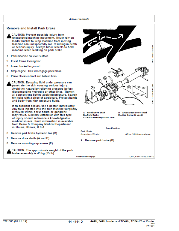 John Deere 444H, 544H Loader and TC44H, TC54H Tool Carrier Technical Manual Workshop Guide
