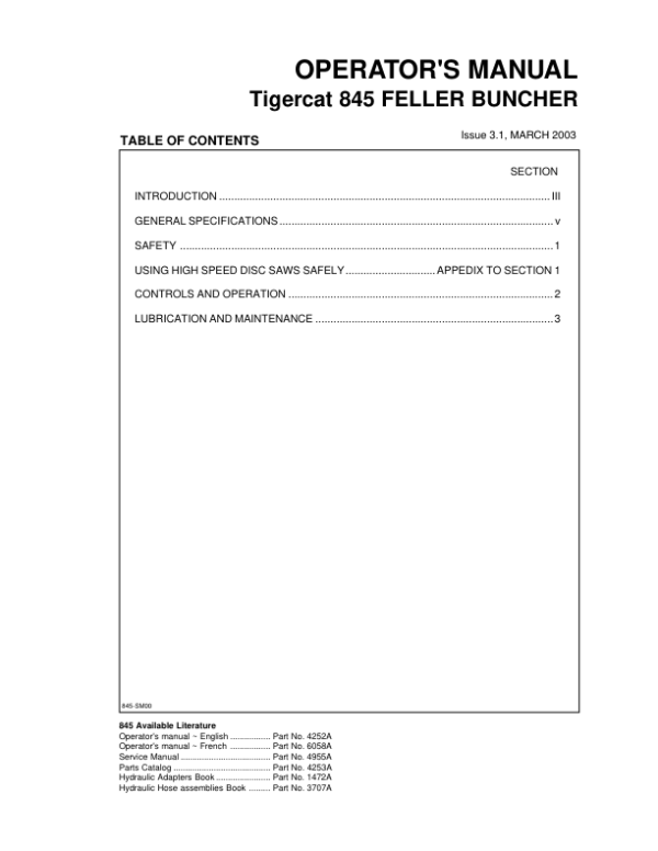 Tigercat 845 Feller Buncher Repair Service Manual (SN 8450101 – 8450475)