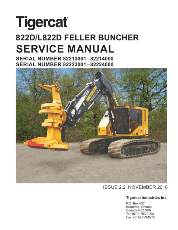 Tigercat 822D, L822D Feller Buncher Repair Service Manual (SN 82213001 – 82224000)