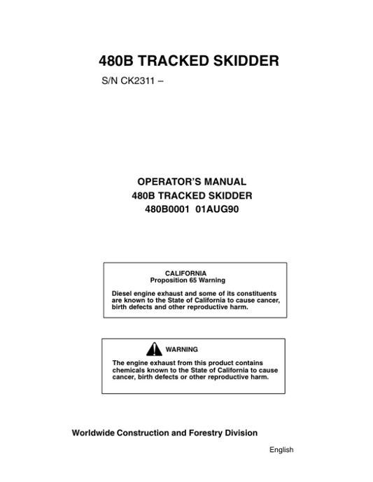 John Deere 480B Skidders Operator’s Manuals (480B0001) Workshop Guide