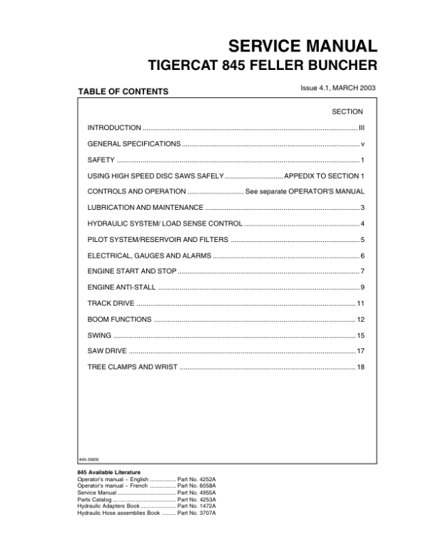 Tigercat 845 Feller Buncher Repair Service Manual (SN 8450101 – 8450475)