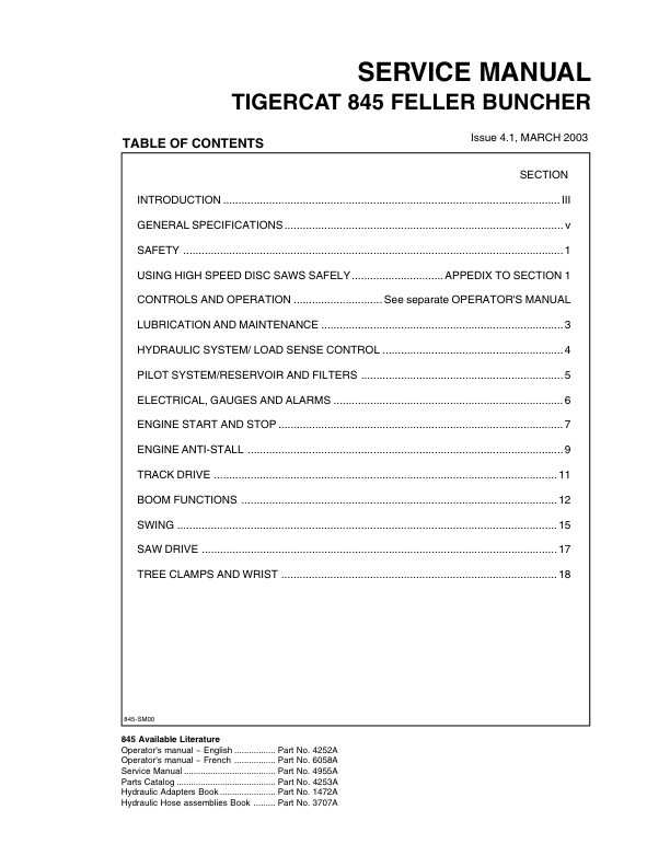 Tigercat 845 Feller Buncher Repair Service Manual (SN 8450101 – 8450475)
