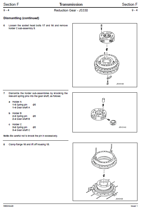 JCB JS330, JS450, JS460 Manual Tracked Excavator Service Manual Workshop Guide