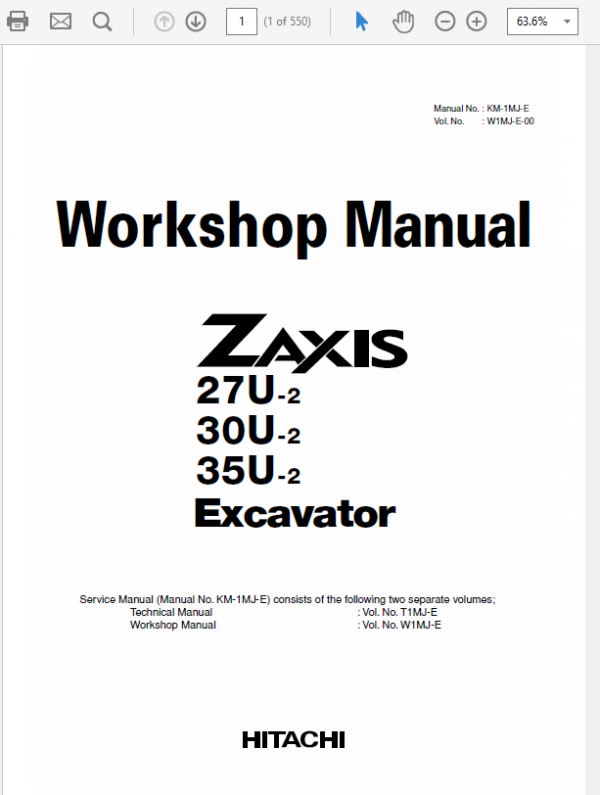 Hitachi Zaxis ZX27U-2, ZX30U-2, ZX35U-2 Excavator Service Repair Manual Workshop Guide