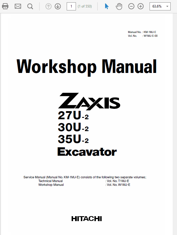Hitachi Zaxis ZX27U-2, ZX30U-2, ZX35U-2 Excavator Service Repair Manual Workshop Guide