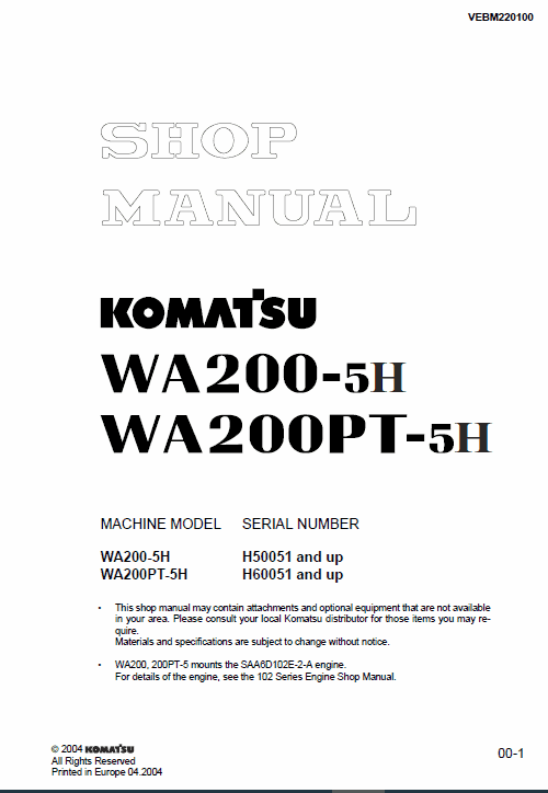 Komatsu WA200-5H, WA200PT-5L, WA200-5L, WA200-5 Loader Service Manual Workshop Guide