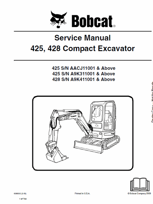 Bobcat 425 and 428 Compact Excavator Service Manual Workshop Guide