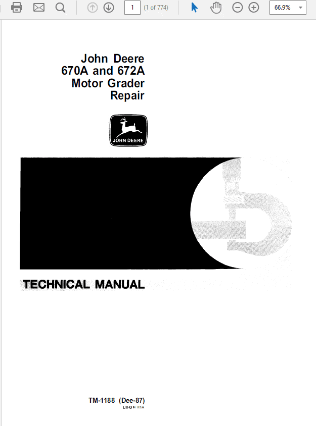 John Deere 670A, 672A Motor Grader Technical Manual (TM1188) Workshop Guide