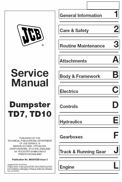 JCB TD7, TD10 Dumpster Service Manual Workshop Guide