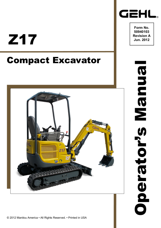 Gehl Z17, Mustang 170Z Compact Excavator Repair Service Manual