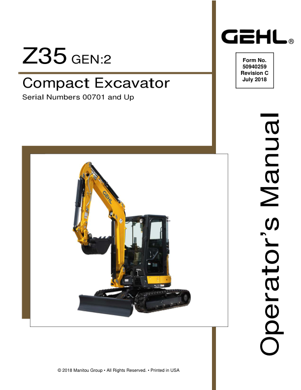 Gehl Z35 Gen 2, Mustang 350Z Nxt 2 Compact Excavator Repair Service Manual Workshop Guide