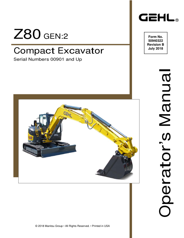 Gehl Z80 Gen 2, Mustang 800Z Nxt 2 Compact Excavator Repair Service Manual Workshop Guide