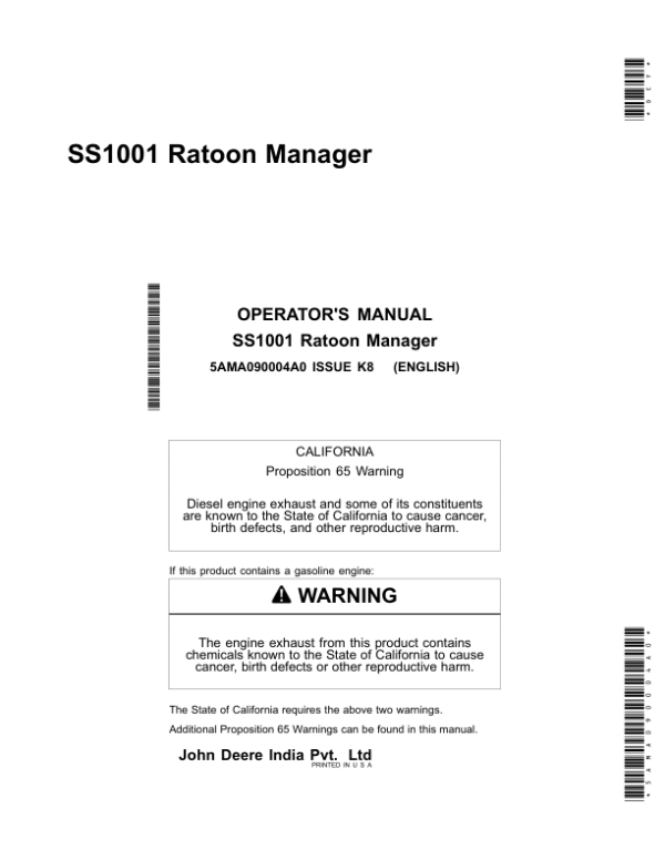 John Deere SS1001 Ratoon Manager Operator’s Manual (5AMA090004A0) Workshop Guide