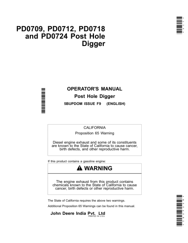 John Deere PD0709, PD0712, PD0718, PD0724 Post Hole Digger Operator’s Manual (5BUPDOM) Workshop Guide