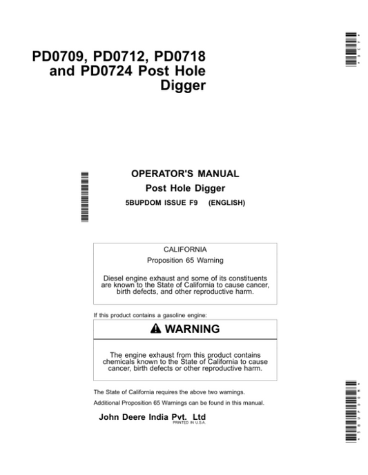 John Deere PD0709, PD0712, PD0718, PD0724 Post Hole Digger Operator’s Manual (5BUPDOM) Workshop Guide