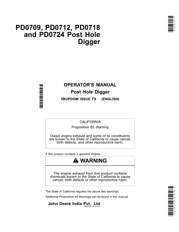 John Deere PD0709, PD0712, PD0718, PD0724 Post Hole Digger Operator’s Manual (5BUPDOM) Workshop Guide