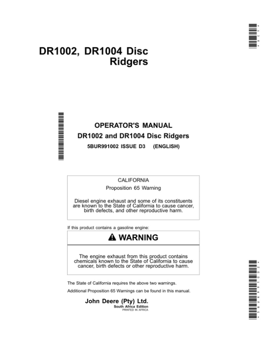 John Deere DR1002, DR1004 Disc Ridger Operator’s Manual (5BUR991002) Workshop Guide