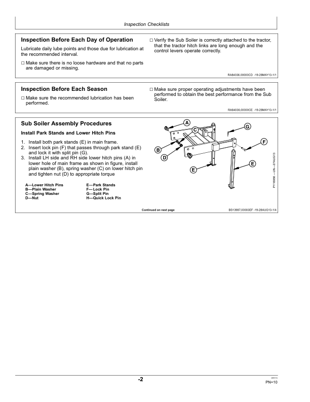 John Deere TS1001, TS1002 Sub Soiler Operator’s Manual (5BUR991020) Workshop Guide