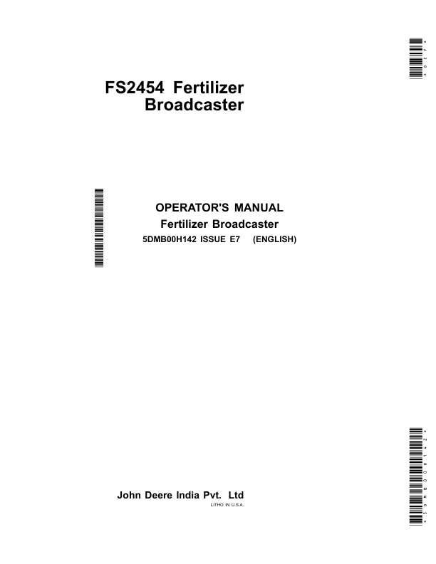 John Deere FS2454 Fertilizer Broadcaster Operator’s Manual (5DMB00H142) Workshop Guide