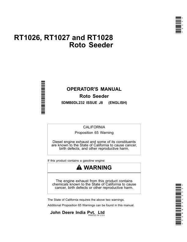John Deere RT1026, RT1027, RT1028 Roto Seeders Operator’s Manual (5DMB0DL232) Workshop Guide