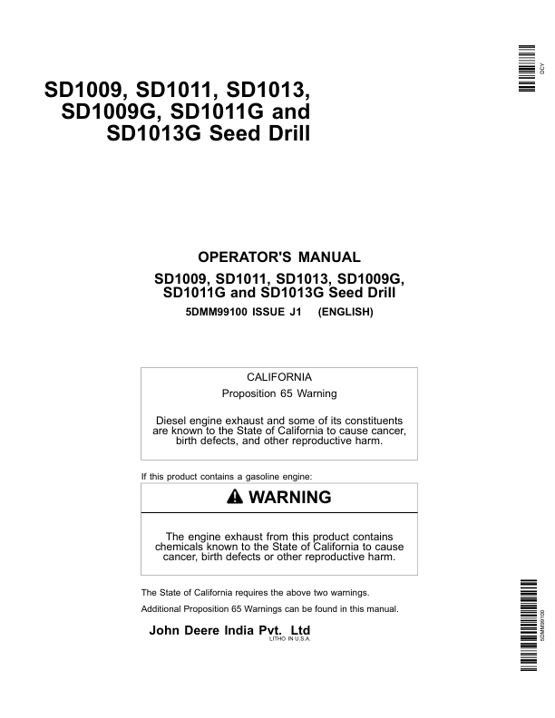 John Deere SD1009, SD1011, SD1013, SD1009G, SD1011G, SD1013G Seed Drill Operator’s Manual (5DMM99100) Workshop Guide