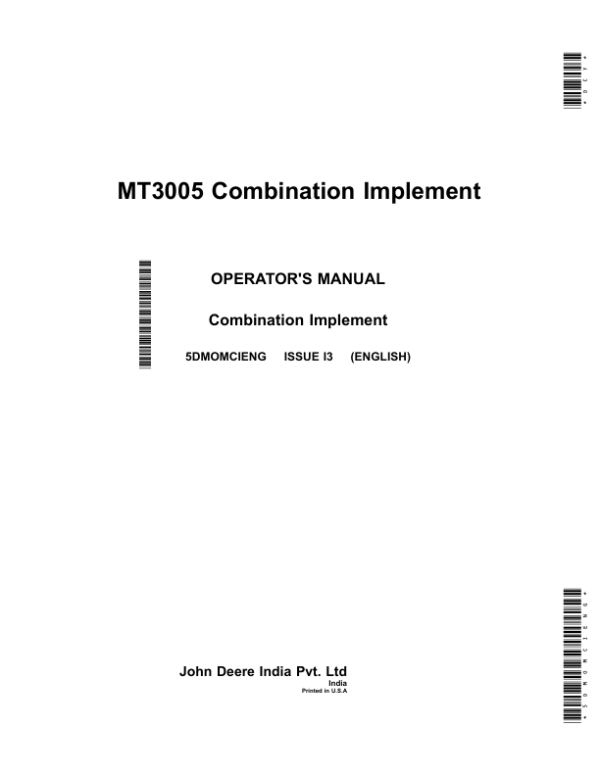John Deere MT3005 Combination Implement (India) Operator’s Manual (5DMOMCIENG) Workshop Guide