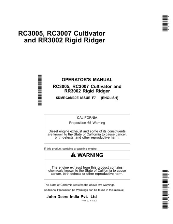 John Deere RC3005, RC3007 Cultivator & RR3002 RigidRidger Operator’s Manual (5DMRC0M30E) Workshop Guide