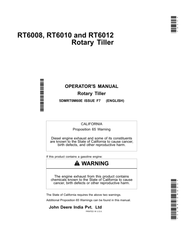 John Deere RT6008, RT6010 & RT6012 Rotary Tiller Operator’s Manual (5DMRT0M60E) Workshop Guide