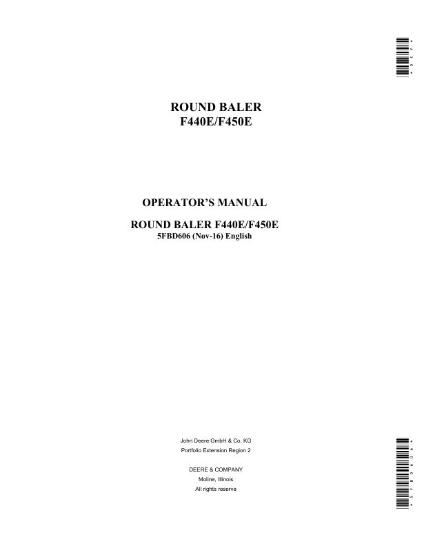 John Deere F440E & F450E Round Balers Operator’s Manual (5FBD606) Workshop Guide