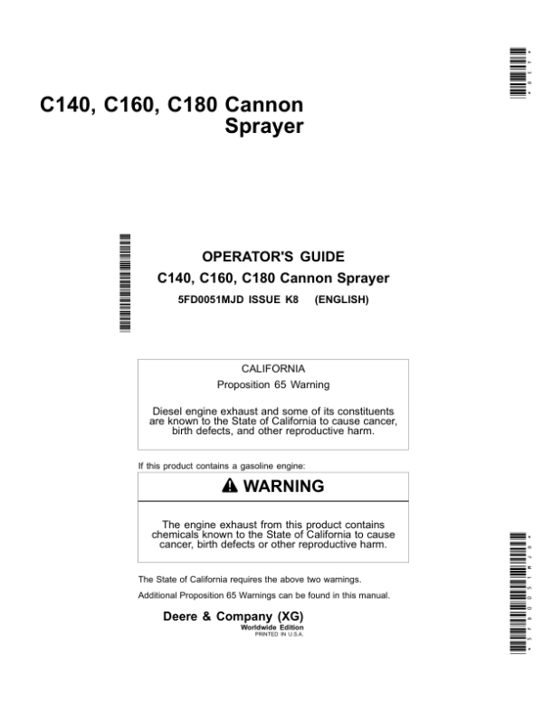 John Deere C140, C160 & C180 Cannon Sprayers Operator’s Manual (5FD0051MJD) Workshop Guide