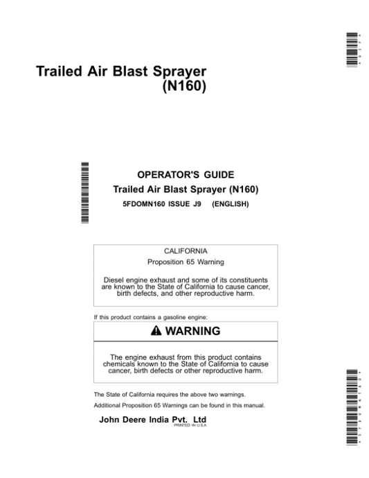 John Deere N160 Trailed Air Blast Sprayer Operator’s Manual (5FDOMN160) Workshop Guide