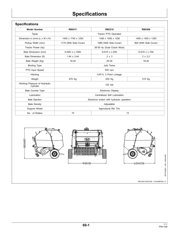 John Deere RB0311, RB0310, RB0308 Compact Round Baler Operator’s Manual (5GEOMRB03EN) Workshop Guide