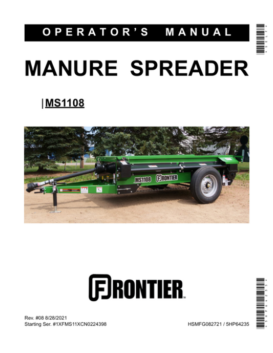 John Deere MS1108 Manure Spreader Operator’s Manual (5HP64235) Workshop Guide