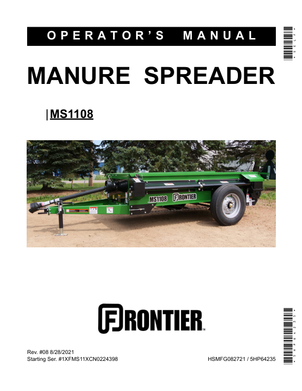 John Deere MS1108 Manure Spreader Operator’s Manual (5HP64235) Workshop Guide