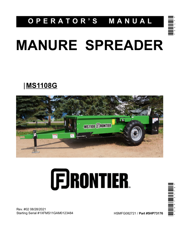 John Deere MS1108G Manure Spreader Operator’s Manual (5HP73176) Workshop Guide
