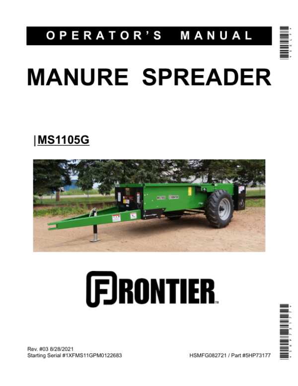 John Deere MS1105G Manure Spreader  Operator’s Manual (5HP73177) Workshop Guide