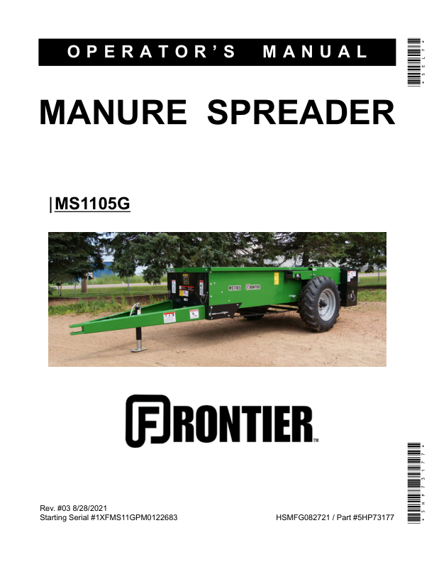 John Deere MS1105G Manure Spreader  Operator’s Manual (5HP73177) Workshop Guide