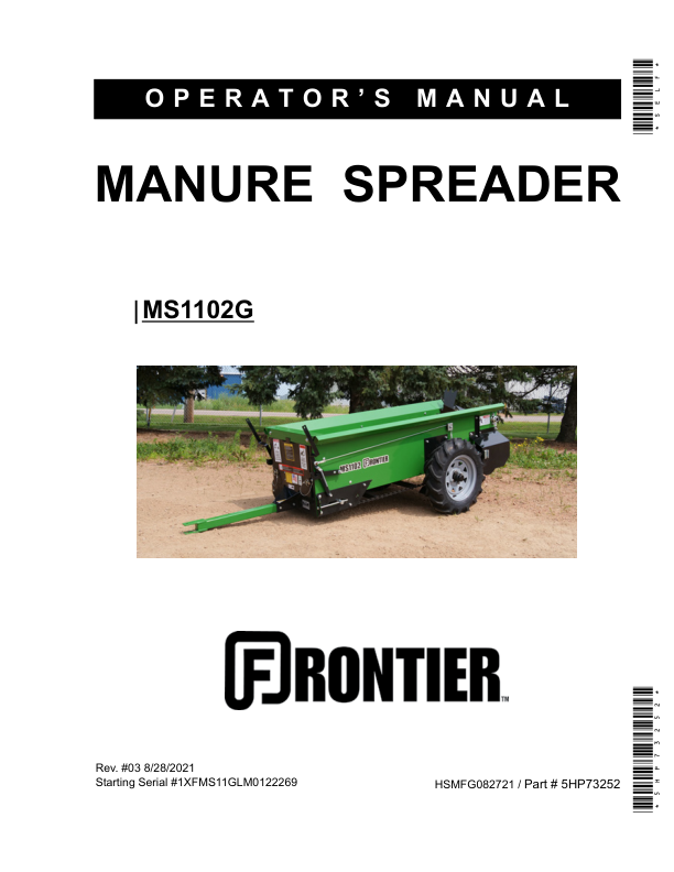 John Deere MS1102G Manure Spreader Operator’s Manual (5HP73252) Workshop Guide
