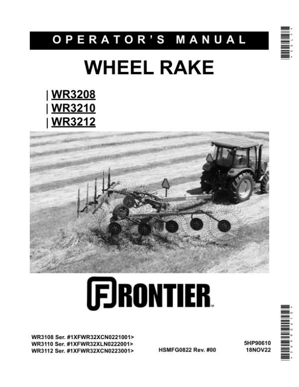 John Deere Wheel Rake WR3208, WR3210, WR3212 Operator’s Manual (5HP90610) Workshop Guide