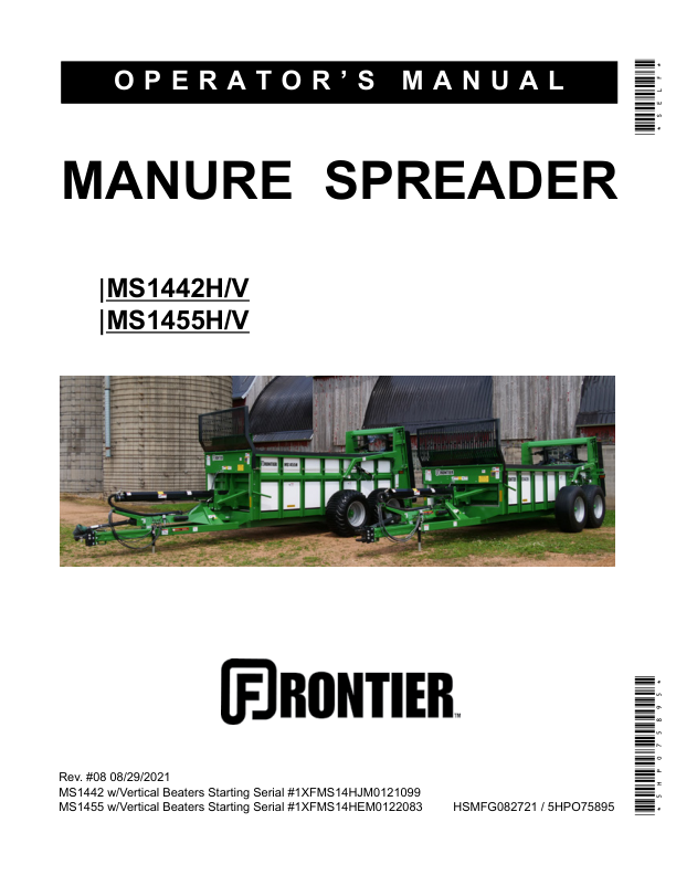 John Deere MS1442, MS1455 Manure Spreader Operator’s Manual (5HPO75895) Workshop Guide