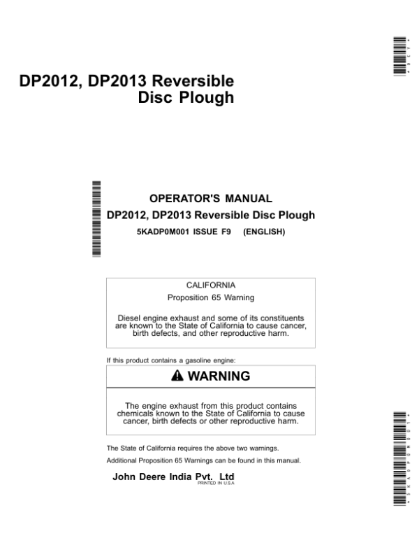John Deere DP2012, DP2013 Reversible Disc Plough Operator’s Manual (5KADP0M001) Workshop Guide