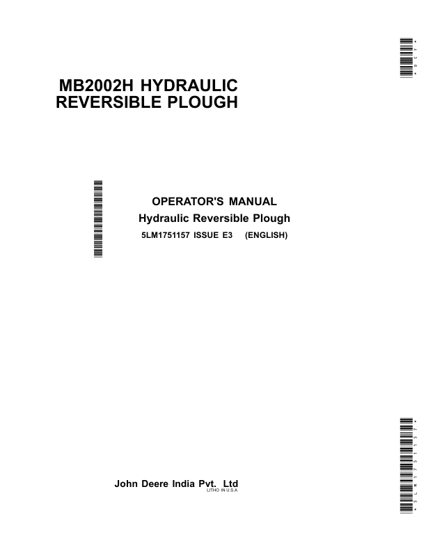 John Deere MB2002H Hydraulic Reversible Plough Operator’s Manual (5LM1751157) Workshop Guide