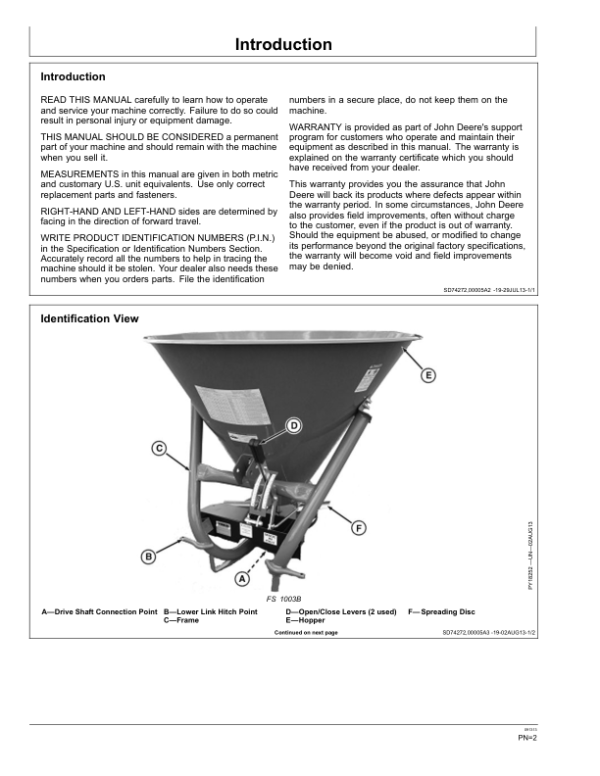 John Deere FS1003B, FS1005B Mounted Fertilizer Spreader Operator’s Manual (5MHF07010871) Workshop Guide