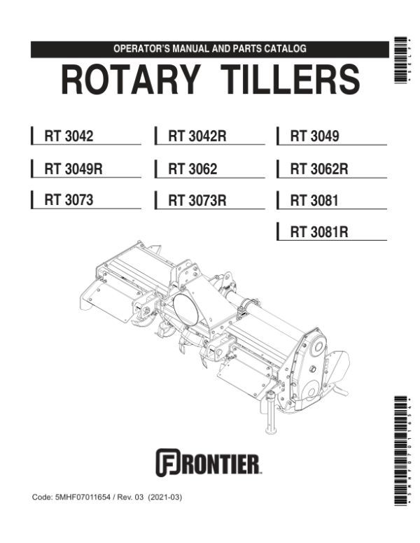 John Deere RT3042, RT3042R, RT3049, RT3049R, RT3062, RT3062R, RT3073, RT3073R, RT3081, RT3081R Rotary Tillerss Operator’s Manual (5MHF07011654) Workshop Guide