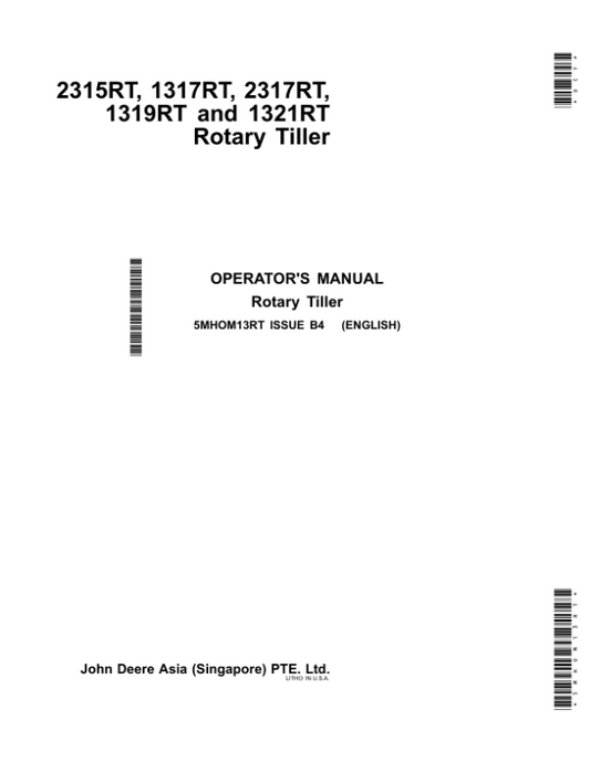 John Deere 2315RT, 1317RT, 2317RT, 1319RT, 1321RT Rotary Tiller Operator’s Manual (5MHOM13RT) Workshop Guide