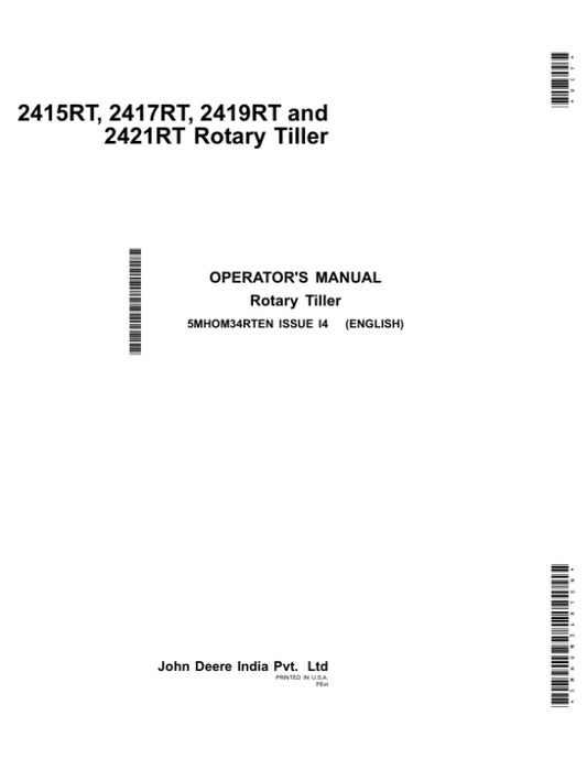 John Deere 2415RT, 2417RT, 2419RT, 2421RT Rotary Tiller Operator’s Manual (5MHOM34RTEN) Workshop Guide