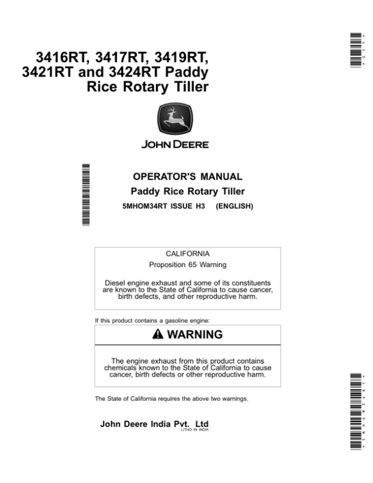 John Deere 3416RT, 3417RT, 3419RT, 3421RT, 3424RT Paddy Rice Rotary Tiller Operator’s Manual (5MHOM34RT) Workshop Guide