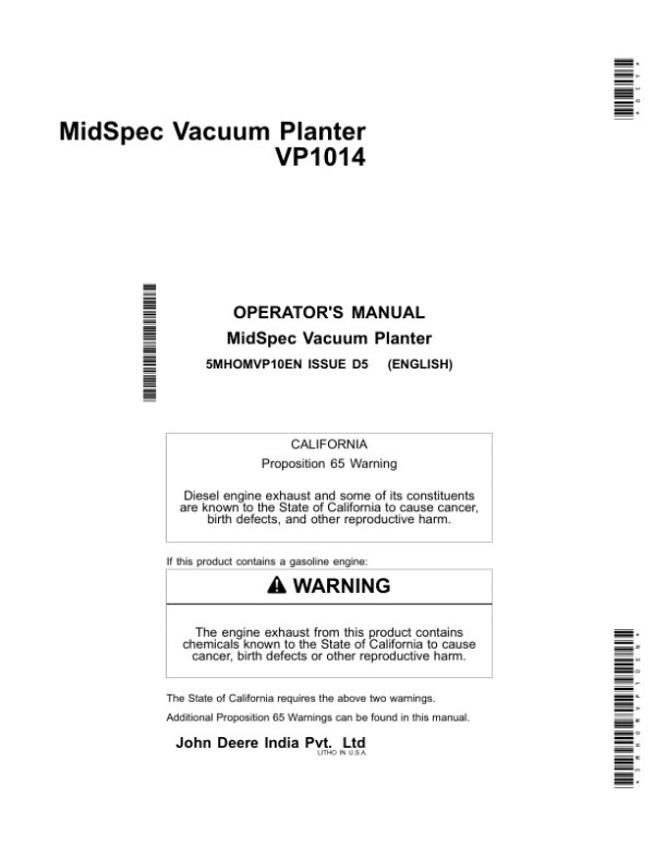 John Deere VP1014 MidSpec Vacuum Planters Operator’s Manual (5MHOMVP10EN) Workshop Guide